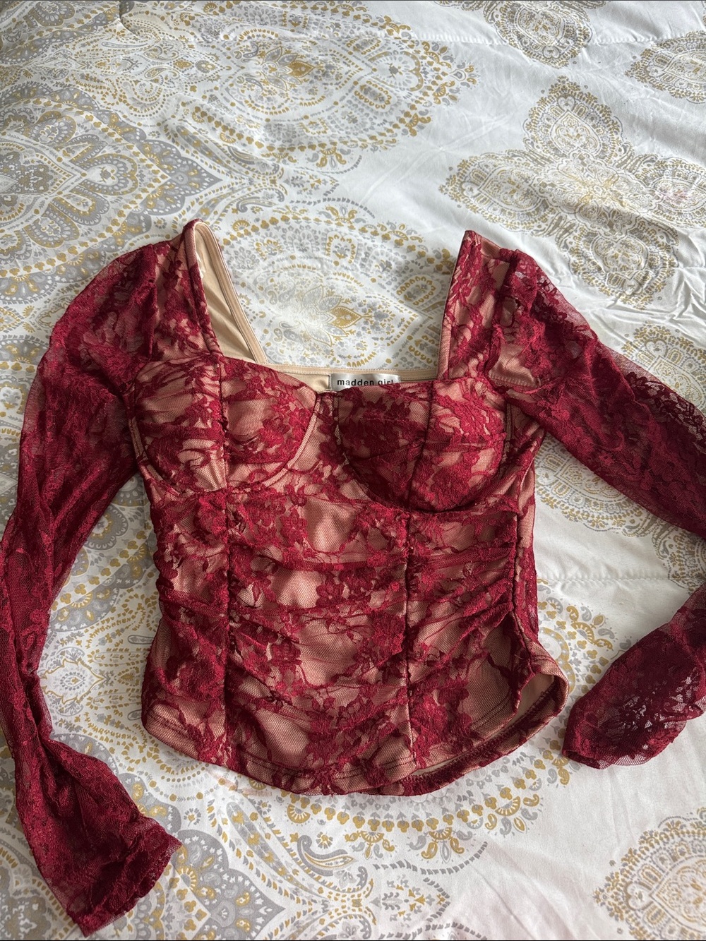 Madden Girl Burgundy Lace Long Sleeve Corset Top